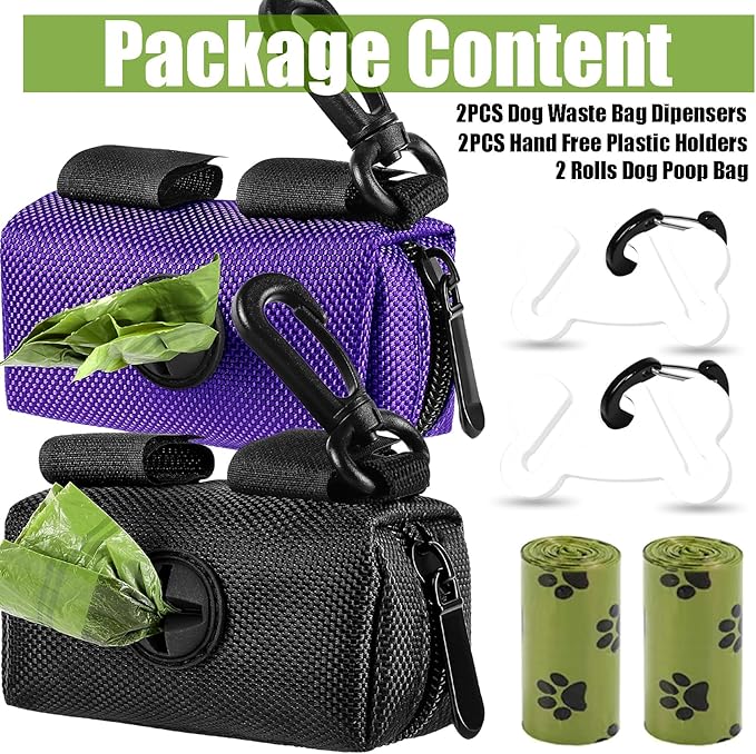 2Packs Dog Waste Bag Dispenser Pet Poop Bags Holder for Doggie Waste Bags Dispensers Soft Fabric Zipper Small Doggy Puppy Pouch for Leash Accessory Attachment with Carrier (Black &amp; Purple)
