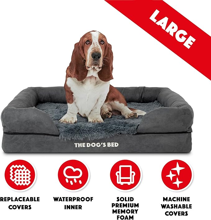 The Dog’s Bed, Large Grey Fur, Memory Foam, Pain Relief: Arthritis, Hip &amp; Elbow Dysplasia, Post Surgery, Lameness, Supportive, Calming, Waterproof Washable Cover, Veterinary Approved