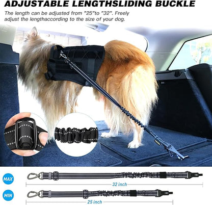 AUBELL Dog Seat Belt for Car,2 Pack Set 3-in-1 Adjustable Reflective Bungee Heavy Duty Dog Car Harness Tether with Clip Hook Latch &amp; Buckle,Swivel Zinc Alloy Carabiner,Black+Black