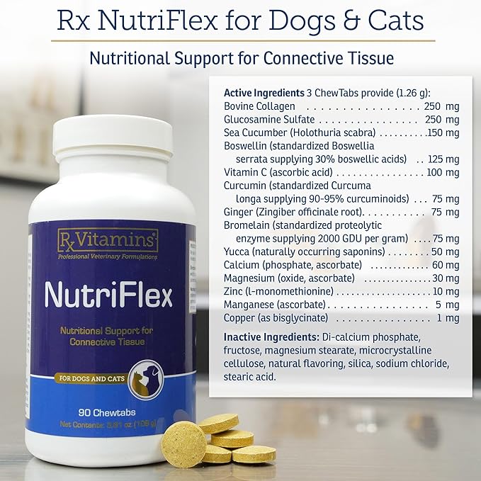 Rx Vitamins NutriFlex for Cats &amp; Dogs - Glucosamine for Dogs Hip and Joint Supplement - with Bovine Collagen and Chondroitin - Joint Pain Relief &amp; Anti Inflammatory for Dogs - Beef Liver (90 Chews)
