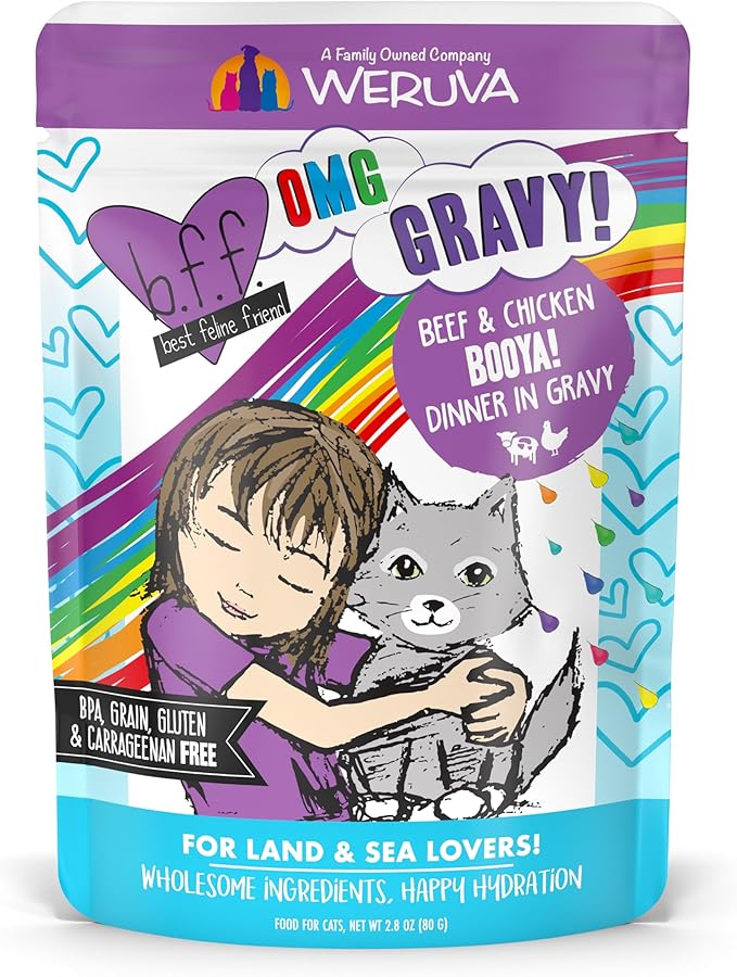Weruva B.F.F. OMG - Best Feline Friend Oh My Gravy!, Booya! Beef &amp; Chicken in Gravy Cat Food, 2.8oz Pouch (Pack of 12)