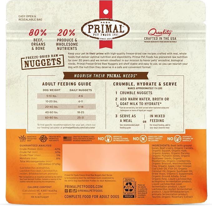 Primal Freeze Dried Raw Dog Food Nuggets, Beef, Complete &amp; Balanced Meal, Also Use as Topper or Treat, Premium, Healthy, Grain Free, High Protein Raw Dog Food, 5.5 oz