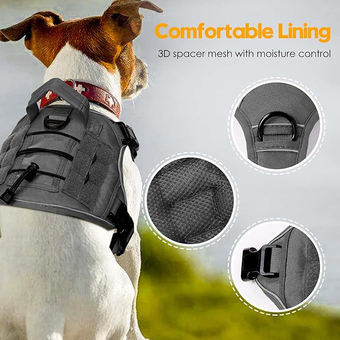Heavy-Duty Tactical Dog Harness for Large Dogs, No Pull Adjustable Reflective Pet Vest with Molle System, K9 Military-Grade Control for Service Training, Outdoor &amp; 10+ Breeds, Gray, Medium