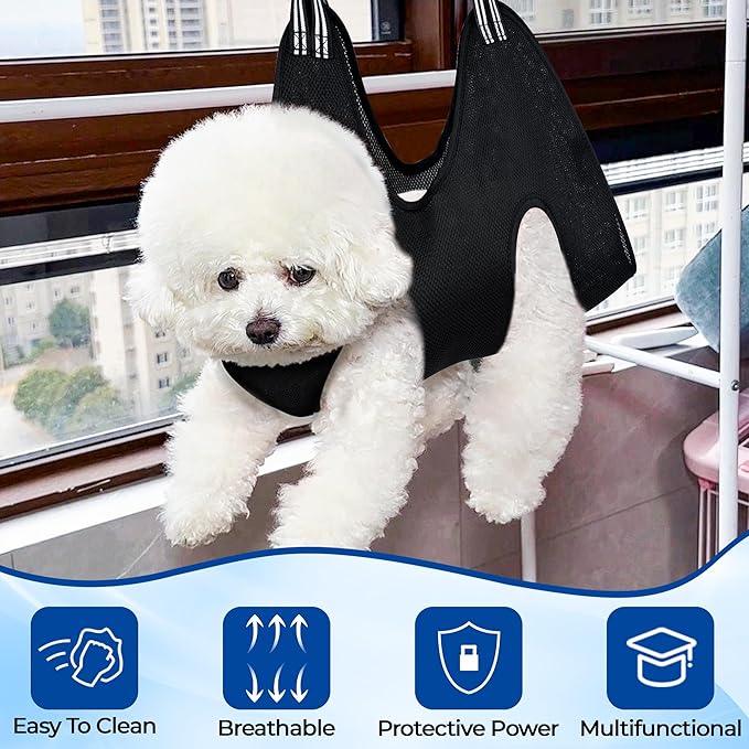 Pet Grooming Hammock for Cats &amp; Dogs, Breathable Mesh Dog Hanging Harness for Nail Trimming, Grooming, Bathing Includes S Hooks, Comfortable Dog Grooming Harness (Black)