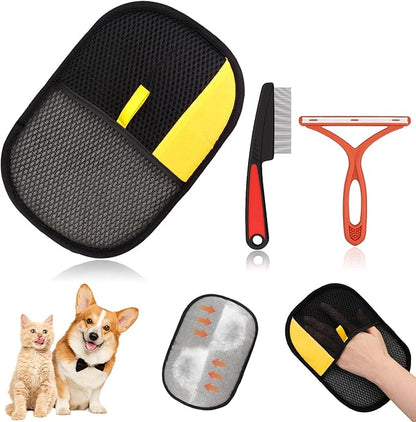 3 Pcs Pet Hair Removal Glove Set, Reusable Electrostatic Pet Hair Remover with Hair Remover Brush and Pet Comb, Upgrade Efficient Cats&amp;Dogs Grooming Gloves for Clothes Furniture Carpet Seat