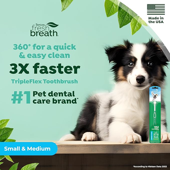 TropiClean Fresh Breath TripleFlex Toothbrush for Small &amp; Medium Dogs | 360-Degree Dog Dental Cleaning | Dog Toothbrush for Small &amp; Medium Breeds