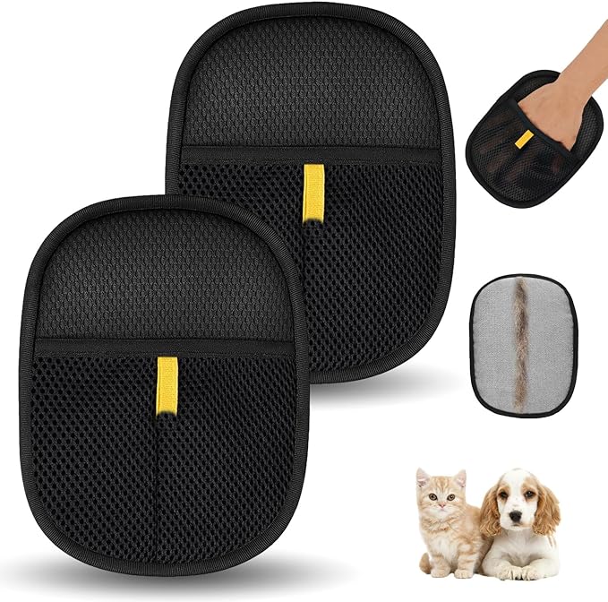 2 Pcs Pet Hair Removal Gloves，Electrostatic Pet Hair Remover,Reusable Cat &amp; Dog Hair Remover for Couch, Furniture, Bed (Black)