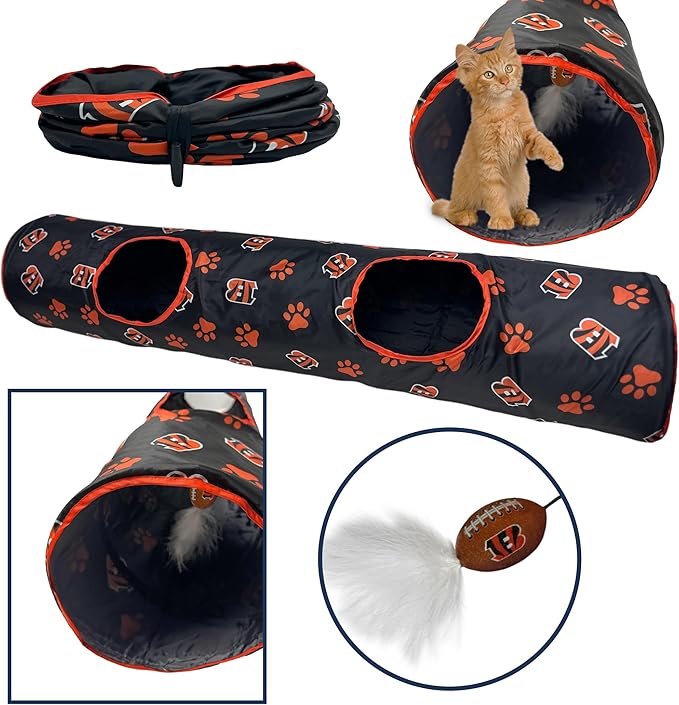 NFL Cincinnati Bengals Cat Tunnel Tube Toy with Plush Football Catnip and Feathers Collapsible Tunnel for Cats to Play, Peek and Hide, Sporty &amp; Fun Cat Tunnel Toy with Team Logo All-Over Design!
