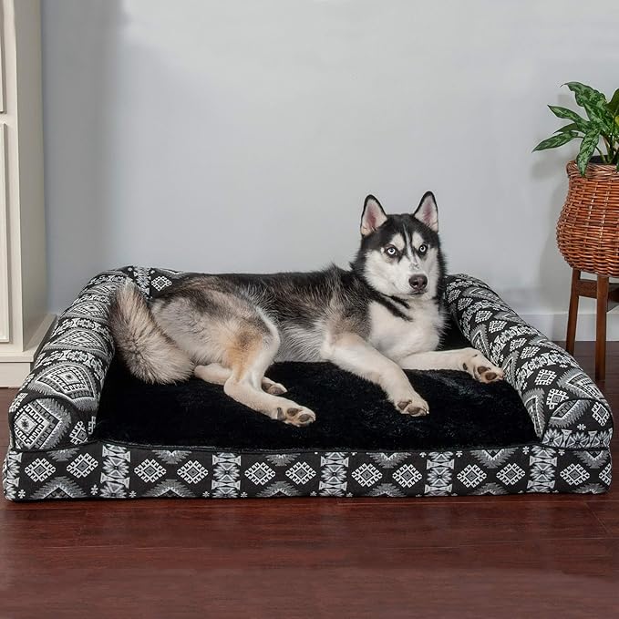 Furhaven Orthopedic Dog Bed for Large Dogs w/ Removable Bolsters &amp; Washable Cover, For Dogs Up to 95 lbs - Plush &amp; Southwest Kilim Woven Decor Sofa - Black Medallion, Jumbo/XL