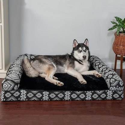 Furhaven Orthopedic Dog Bed for Large Dogs w/ Removable Bolsters &amp; Washable Cover, For Dogs Up to 95 lbs - Plush &amp; Southwest Kilim Woven Decor Sofa - Black Medallion, Jumbo/XL