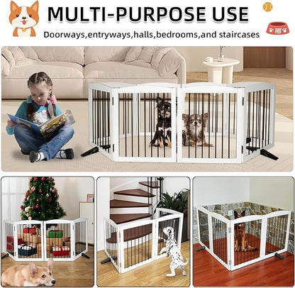 ZJSF Freestanding Panel Gate for Indoor Doorways, Stairs, or Hallways - Foldable White Wooden Dog Gates - Support Feet Included - 32" Height - 4 Panels