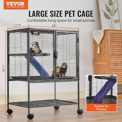 VEVOR 34" Rolling Metal Ferret Cage, Large 2-Tier Critter Nation Cage, Small Animal Cage with Ramps &amp; Tray, Easy to Set up for Pet Mice, Hamster, Guinea Pig, Chinchilla, Squirrel, Hedgehogs, Bunny