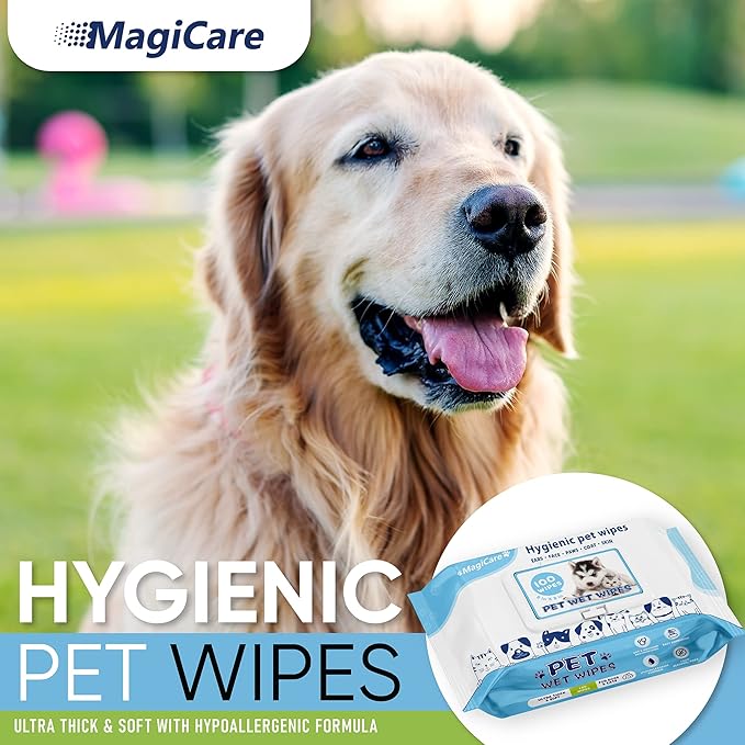 MAGICARE Pet Wipes – 100 pcs Dog Wipes – 8x8 Inch Unscented Dog Paw Cleaner Wipes for Body, Ears, Face, and Skin – Ultra Thick and Soft with Hypoallergenic Formula – Ideal Pet Wipes for Dogs &amp; Cats