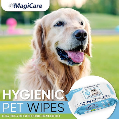 MAGICARE Pet Wipes – 100 pcs Dog Wipes – 8x8 Inch Unscented Dog Paw Cleaner Wipes for Body, Ears, Face, and Skin – Ultra Thick and Soft with Hypoallergenic Formula – Ideal Pet Wipes for Dogs &amp; Cats