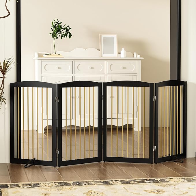 Freestanding Pet Gate for Dogs, Indoor Wooden Dog Gate for House, Foldable Dog Gate for Doorway, Stair, Step Over Pet Puppy Safety Fence Tall, 80 Inch Wide, 4 Panels 32", Black &amp; Gold