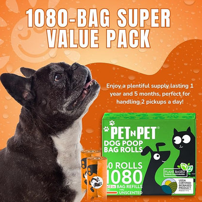 Pet N Pet 1080 Counts Orange Poop Bags for Dogs, 41% Plant Based &amp; 59% PE Extra Thick Dog Poop Bags Rolls, 9" x 13", Unscented Pet Waste Bag