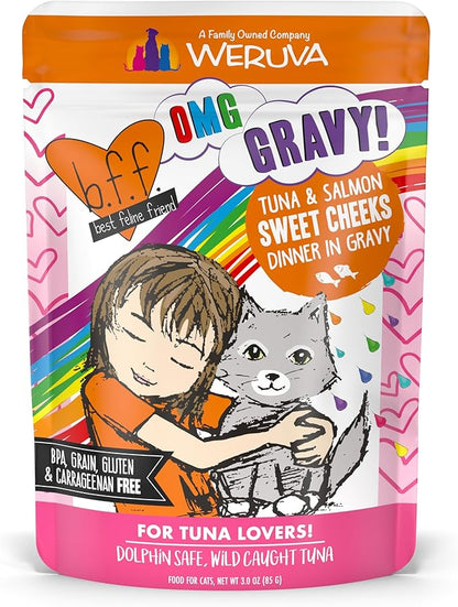 Weruva B.F.F. OMG - Best Feline Friend Oh My Gravy!, Tuna &amp; Salmon Sweet Cheeks with Tuna &amp; Salmon in Gravy Cat Food, 3oz Pouch (Pack of 12)