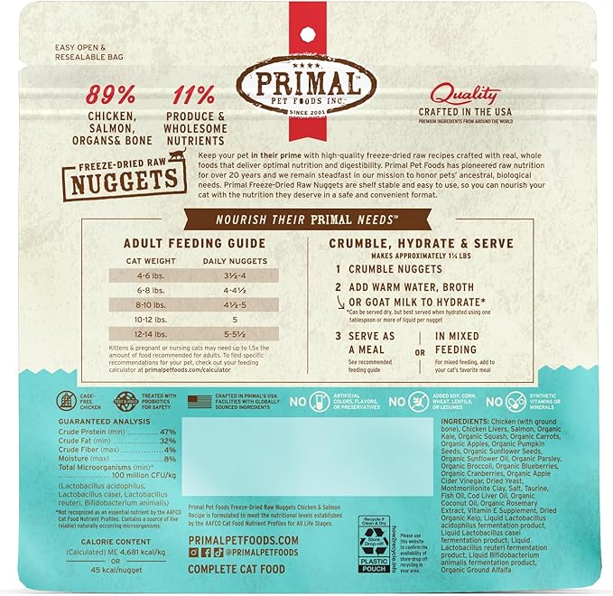 Primal Freeze Dried Raw Cat Food Nuggets Chicken &amp; Salmon, Complete &amp; Balanced Meal or Topper, Premium, Healthy, Grain Free, High Protein Raw Cat Food with Probiotics (5.5 oz)
