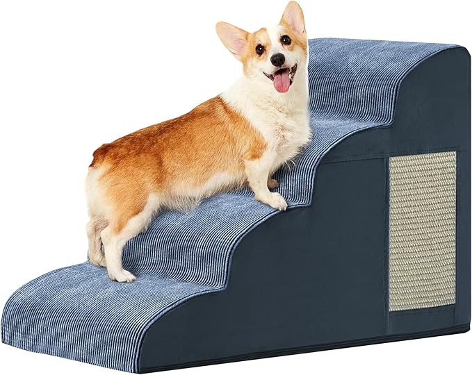 Navy Portable Pet Steps - 4-Step Dog &amp; Cat Ramp for Bed, Couch, Sofa &amp; Chairs - Non-Slip, High Density Foam