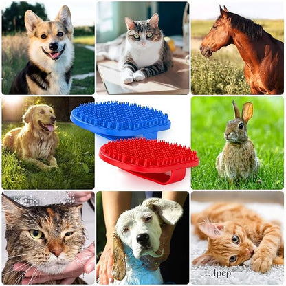 Lilpep Dog Bath Brush, Rubber Pet Shampoo Brush with Silicone Bristles for Massaging Grooming, Removing Short Haired Dogs Cats Shedding, Tangles and Dead Undercoat (Blue, plum brush)