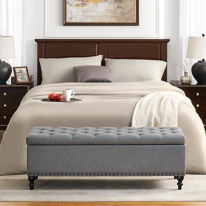 Ottoman with Storage,50.2-inch Upholstered End of Bed Storage Bench for Bedroom,for The Living Room,for Entryway, with Rivets &amp; Button and Safety Hinges,Detachable (Grey)