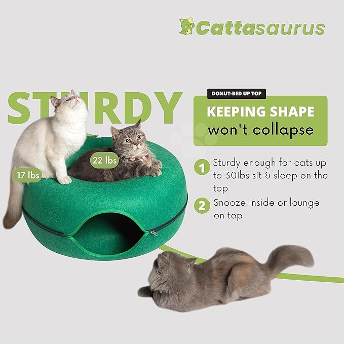 CATTASAURUS Peekaboo Cat Cave for Multiple &amp; Large Cats Up to 30-45 Lbs, Scratch Detachable &amp; Washable Tunnel Bed, Comfy Donut Cat Cave (Forest Green, Large)