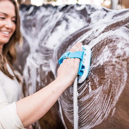 Aquapaw 5-in-1 Horse &amp; Dog Bath Brush &amp; Curry Comb - XL Blue Silicone - Includes 3-ft Shower Hose Attachment &amp; Adapter - Adjustable Spray Scrub Massager - Dog Grooming Supplies