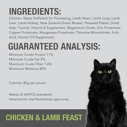 Feline Natural Wet Cat Food Pouch - Chicken &amp; Lamb Feast, Grain-Free, Cage-Free &amp; Grass-Fed, New Zealand Made, Single Serve Pate, 3oz, 12 Pack