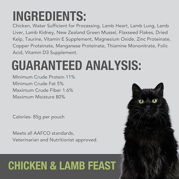 Feline Natural Wet Cat Food Variety Pack - Chicken, Lamb, Salmon &amp; Beef Feast, Grain-Free, 3oz Pouches, New Zealand Made, Assorted Single Serve Pates (12 Pack)