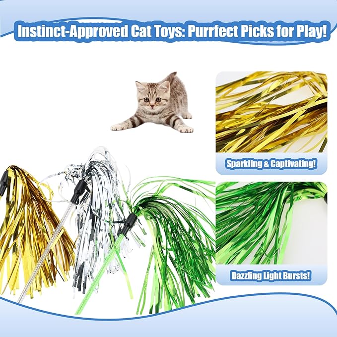 ADUCK Interactive Cat Teaser Wand Toy with Tassels - Durable Cat Chaser for Indoor Kitten Exercise, Boredom Relief &amp; Training Play, Pack of 3 (Gold, Silver, Green)
