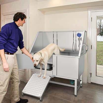 YITAHOME 50in Dog Grooming Tub Bathtub for Home 304 Stainless Steel Professional Dog Bath Washing Station w/Left Ramp, Faucet, Floor Grate for Large, Medium, Small Pets