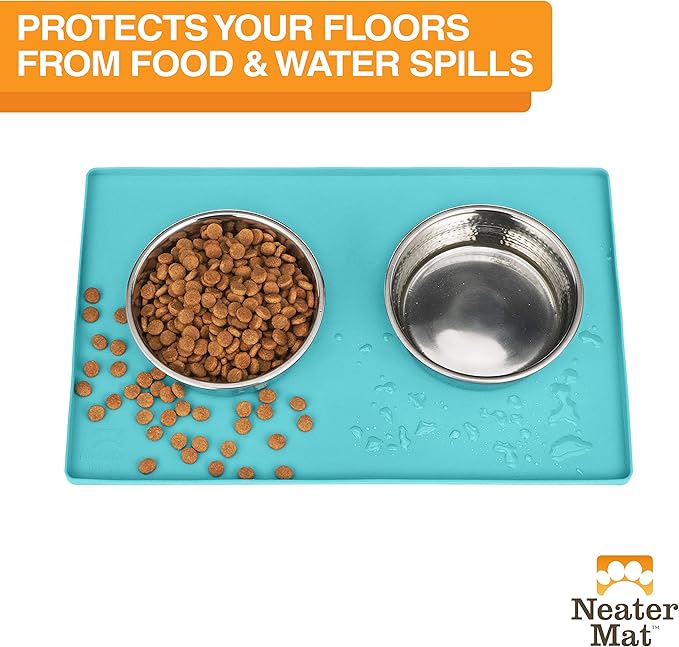 Neater Pet Brands Neater Mat Pet Mats for Food and Water, Cat &amp; Dog Bowl Mat Waterproof Silicone, Feeding Tray, Dog Food Mats for Floors, Placemat w/Raised Edge for Under Bowls, 16” x 10”, Aquamarine