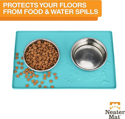 Neater Pet Brands Neater Mat Pet Mats for Food and Water, Cat &amp; Dog Bowl Mat Waterproof Silicone, Feeding Tray, Dog Food Mats for Floors, Placemat w/Raised Edge for Under Bowls, 16” x 10”, Aquamarine