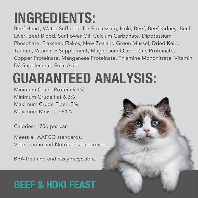Feline Natural New Zealand Canned Catfood Wet Food, High-Meat, Low-Carb, &amp; Grain Free Cat Food Wet, Beef &amp; Hoki Feast, 3 oz, Pack of 24