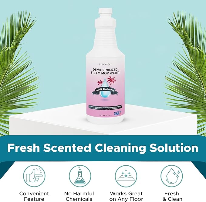 Steam &amp; Go Deminerilized Water - Multi-Surface Cleaner for Steam Cleaners, Hardwood Floors, Kitchens, &amp; Bathrooms - Germ-Killing Formula - Hotel California Scent - 32 Ounces (Pack of 1)