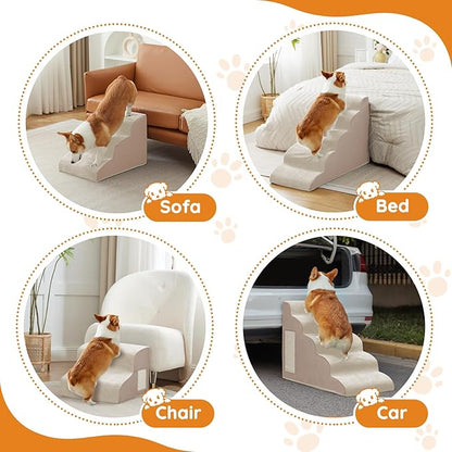 Pet Stairs for Small Dogs - 3-Step Curved Dog Ramp for Bed, Couch, Sofa, Car and Chairs - Non-Slip Bottom Design - Cat Scratching Board - High Density Foam Portable Pet Step - Beige