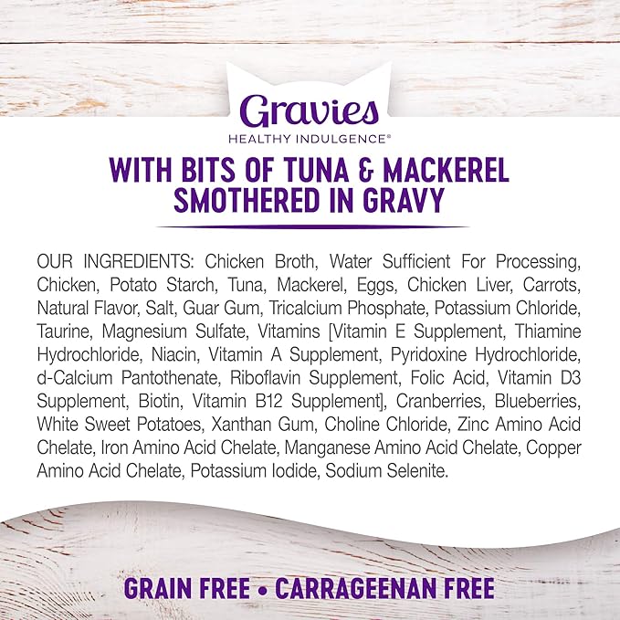 Wellness Healthy Indulgence Gravy Adult Wet Cat Food, Natural, Protein-Rich, Grain Free, 3 Ounce Pouch, 24 Pack, (Tuna &amp; Mackerel)