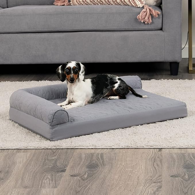 Furhaven Cooling Gel Dog Bed for Medium/Small Dogs w/ Removable Bolsters &amp; Washable Cover, For Dogs Up to 35 lbs - Pinsonic Quilted Paw L Shaped Chaise - Titanium, Medium