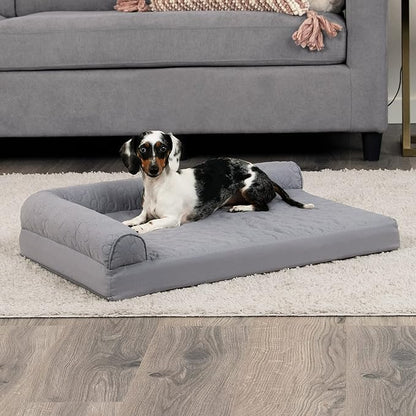 Furhaven Cooling Gel Dog Bed for Medium/Small Dogs w/ Removable Bolsters &amp; Washable Cover, For Dogs Up to 35 lbs - Pinsonic Quilted Paw L Shaped Chaise - Titanium, Medium