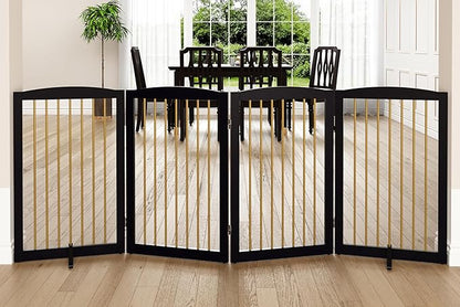 Freestanding Pet Gate for Dogs, Indoor Wooden Dog Gate for House, Foldable Dog Gate for Doorway, Stair, Step Over Pet Puppy Safety Fence Tall, 80 Inch Wide, 4 Panels 32", Black &amp; Gold