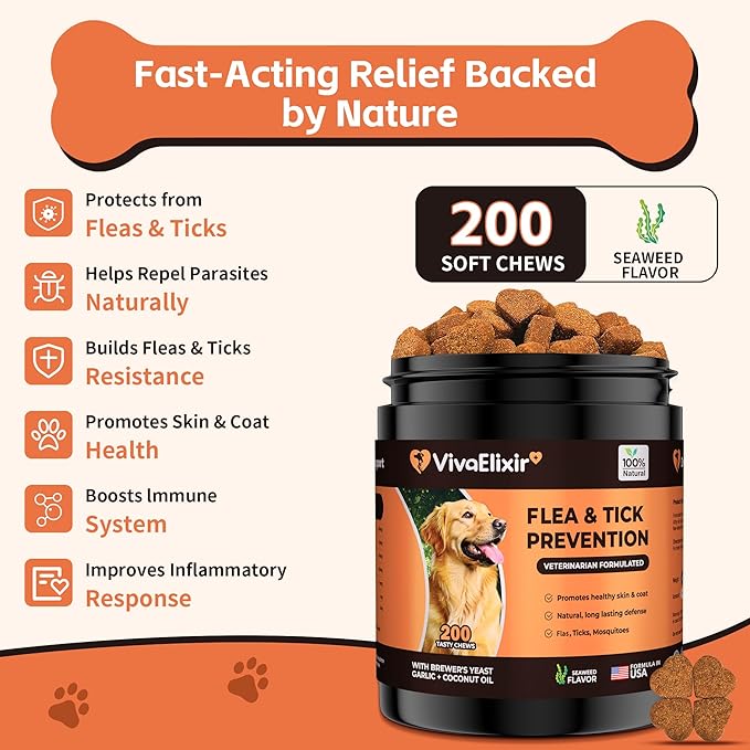 Flea and Tick Prevention for Dogs – 200 Soft Chews - Dog Flea and Tick Treatment &amp; Oral Flea Pills – Skin &amp; Coat Health - Made in USA - for Small, Medium, Large Dogs