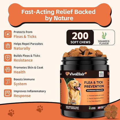 Flea and Tick Prevention for Dogs – 200 Soft Chews - Dog Flea and Tick Treatment &amp; Oral Flea Pills – Skin &amp; Coat Health - Made in USA - for Small, Medium, Large Dogs