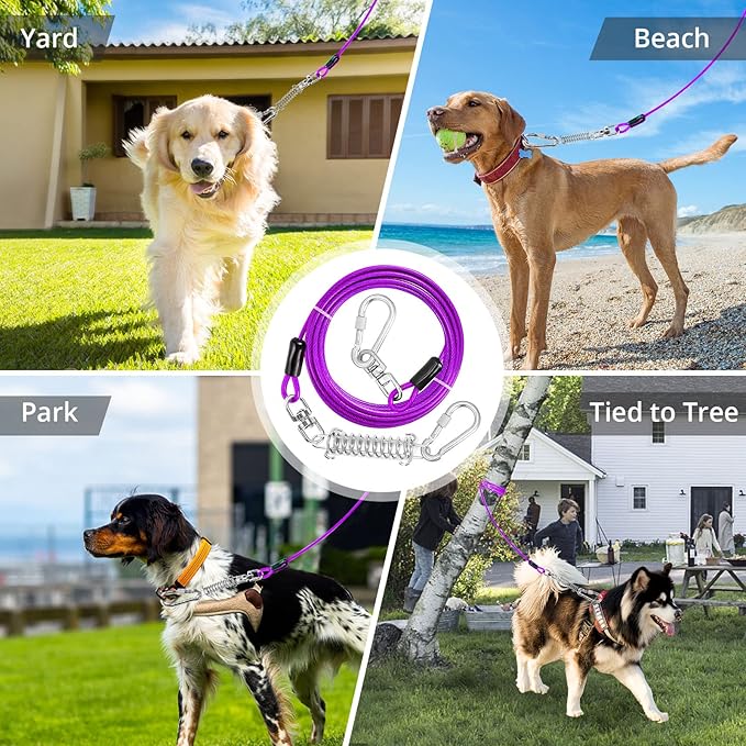 Jenico Dog Tie Out Cable, 10-150FT Runner Cable with Swivel Hook and Shock Spring, Yard &amp; Camping Dog Leash Tether for Small to Medium Pets Up to 500 LBS