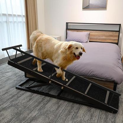Pet Ramp Folding Portable Wooden Dog &amp; Cat Ramps for Couch or Bed, Including Non Slip Mat &amp; Safety Side Rails, 64.2 Inch Long and Height Adjustable from 13.4 Inch to 38 Inch Up to 110 Lbs