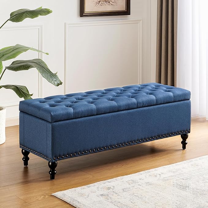 Ottoman with Storage,50.2-inch Upholstered End of Bed Storage Bench for Bedroom,for The Living Room,for Entryway, with Rivets &amp; Button and Safety Hinges,Detachable (Blue)