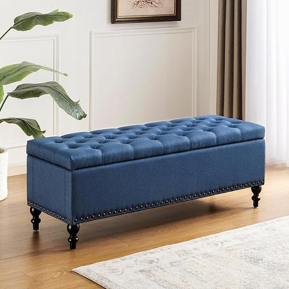 Ottoman with Storage,50.2-inch Upholstered End of Bed Storage Bench for Bedroom,for The Living Room,for Entryway, with Rivets &amp; Button and Safety Hinges,Detachable (Blue)