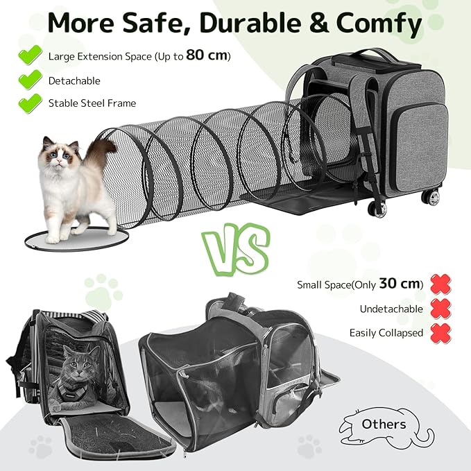 Rolling Cat Carrier with Wheels: Dog Carrier for Small Dogs &amp; Large Cats, Expandable Pet Carrier on Wheels with Cat Play Tunnel, Large Capacity, Breathable Mesh, Side Pocket, Grey