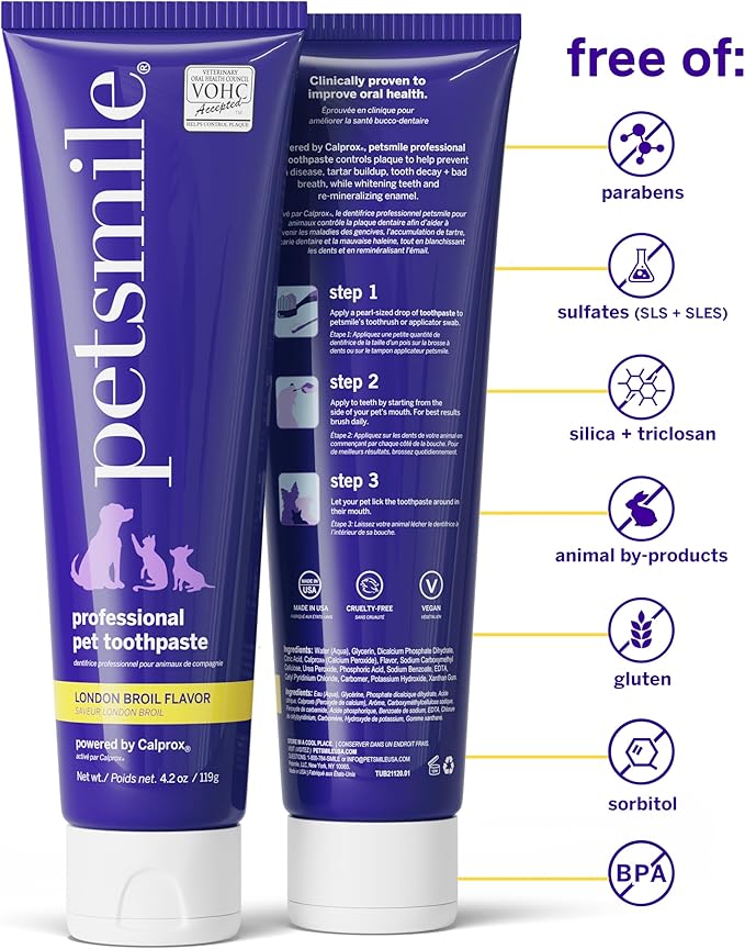 Petsmile Professional Pet Teeth Brushing Kit for Cats &amp; Dogs- Only VOHC Accepted Toothpaste &amp; Patented Toothbrush - Proven to Control Plaque &amp; Tartar Calprox Formula (London Broil, 4.2 Oz)