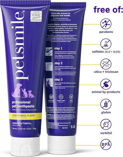 Petsmile Professional Pet Teeth Brushing Kit for Cats &amp; Dogs- Only VOHC Accepted Toothpaste &amp; Patented Toothbrush - Proven to Control Plaque &amp; Tartar Calprox Formula (London Broil, 4.2 Oz)