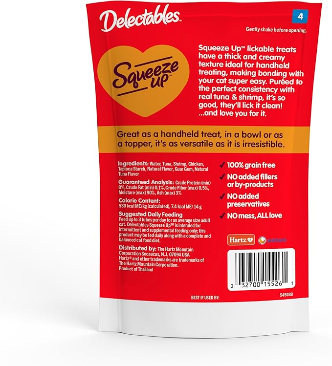 Delectables Squeeze Up Creamy Squeezable Puree, Lickable Wet Cat Treats, Grain Free, No Added Fillers, No By-Products, No Added Preservatives, 0.5 Ounces Tuna &amp; Shrimp, 32 Tubes Total